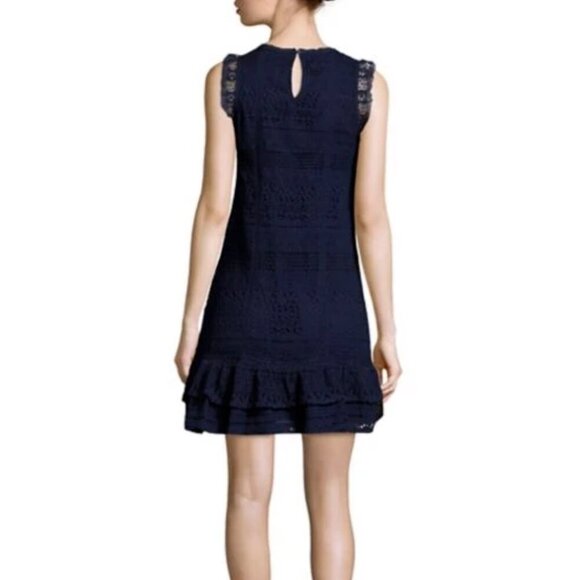 Joie Dress Cotton Ruffle Mini Dress Large Navy Blue Sleeveless Shift Shift Lace - Picture 10 of 12